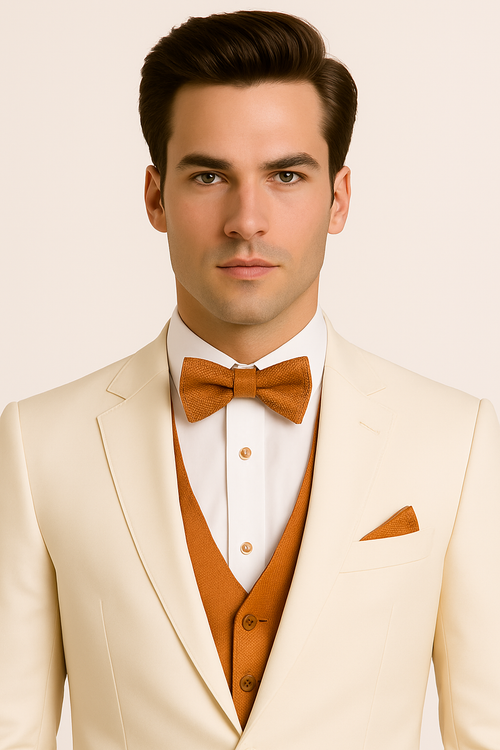 White and Orange Tuxedo Wedding Suit - White Dinner Jacket + Vest + Pants + Bow-tie