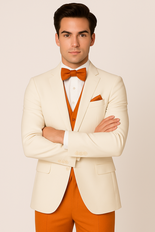 White and Orange Tuxedo Wedding Suit - White Dinner Jacket + Vest + Pants + Bow-tie