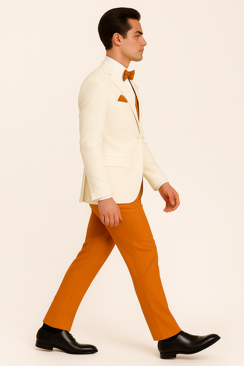 White and Orange Tuxedo Wedding Suit - White Dinner Jacket + Vest + Pants + Bow-tie
