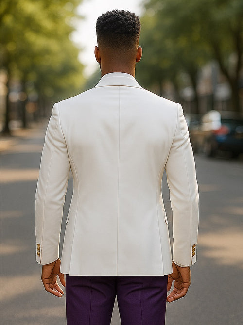 White and Purple Tuxedo Wedding Suit - White Dinner Jacket + Vest + Pants + Bow-tie