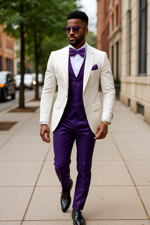 White and Purple Tuxedo Wedding Suit - White Dinner Jacket + Vest + Pants + Bow-tie