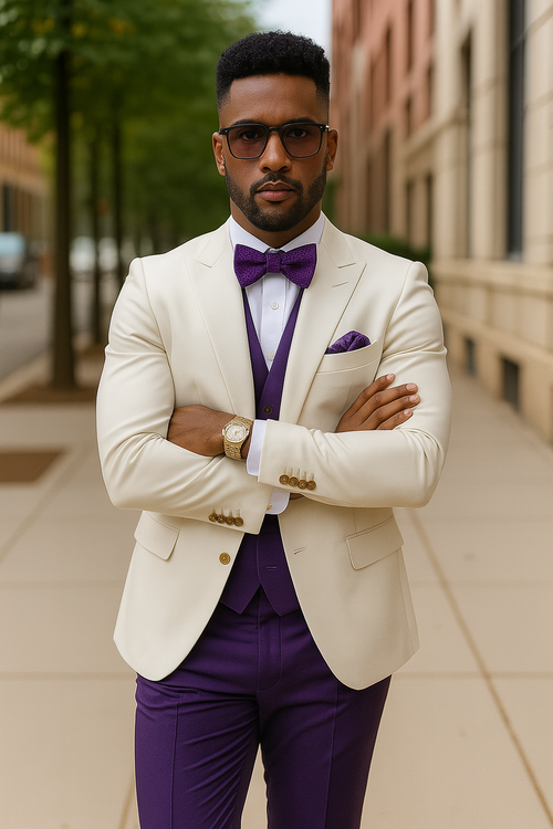 White and Purple Tuxedo Wedding Suit - White Dinner Jacket + Vest + Pants + Bow-tie