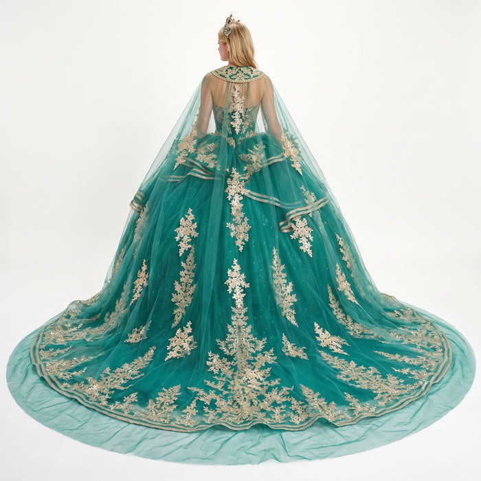 Elizabeth K GL3671 Emerald Green Quinceañera Ball Gown – Strapless Sweetheart Beaded Corset Dress with Ruffle-Tier Skirt & Embroidered Cape