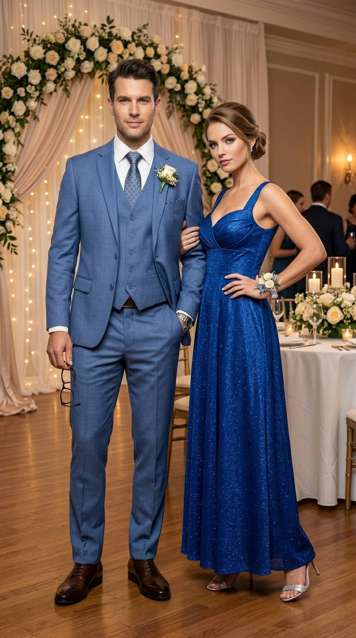 Men’s Steel Blue 3 Piece Prom Suit, Dusty Blue Vested Wedding Formal Suit Set