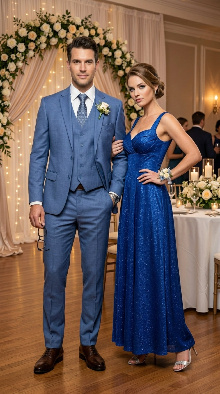 Men’s Steel Blue 3 Piece Prom Suit, Dusty Blue Vested Wedding Formal Suit Set