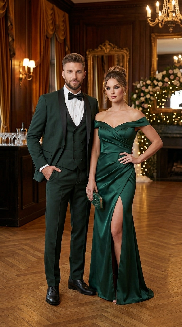 Men’s Hunter Green Vested Tuxedo Suit with Black Trim Shawl Lapel, Wedding Prom Formal Suit Set