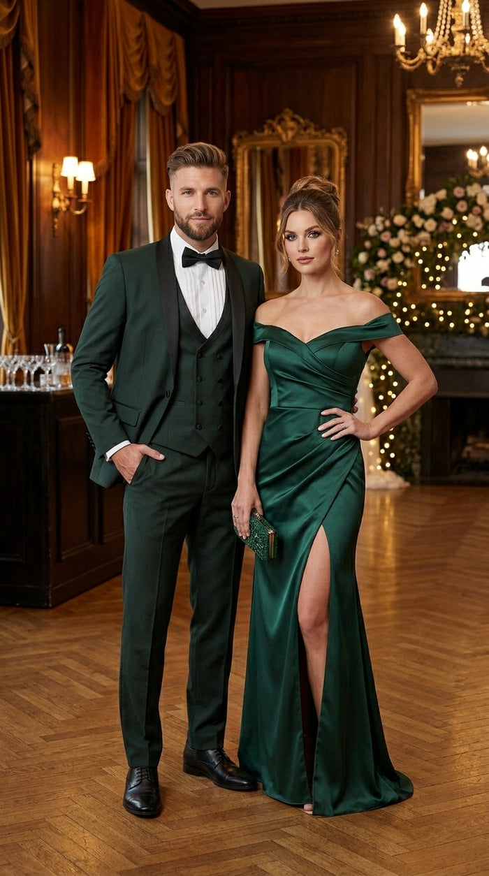 Men’s Hunter Green Vested Tuxedo Suit with Black Trim Shawl Lapel, Wedding Prom Formal Suit Set