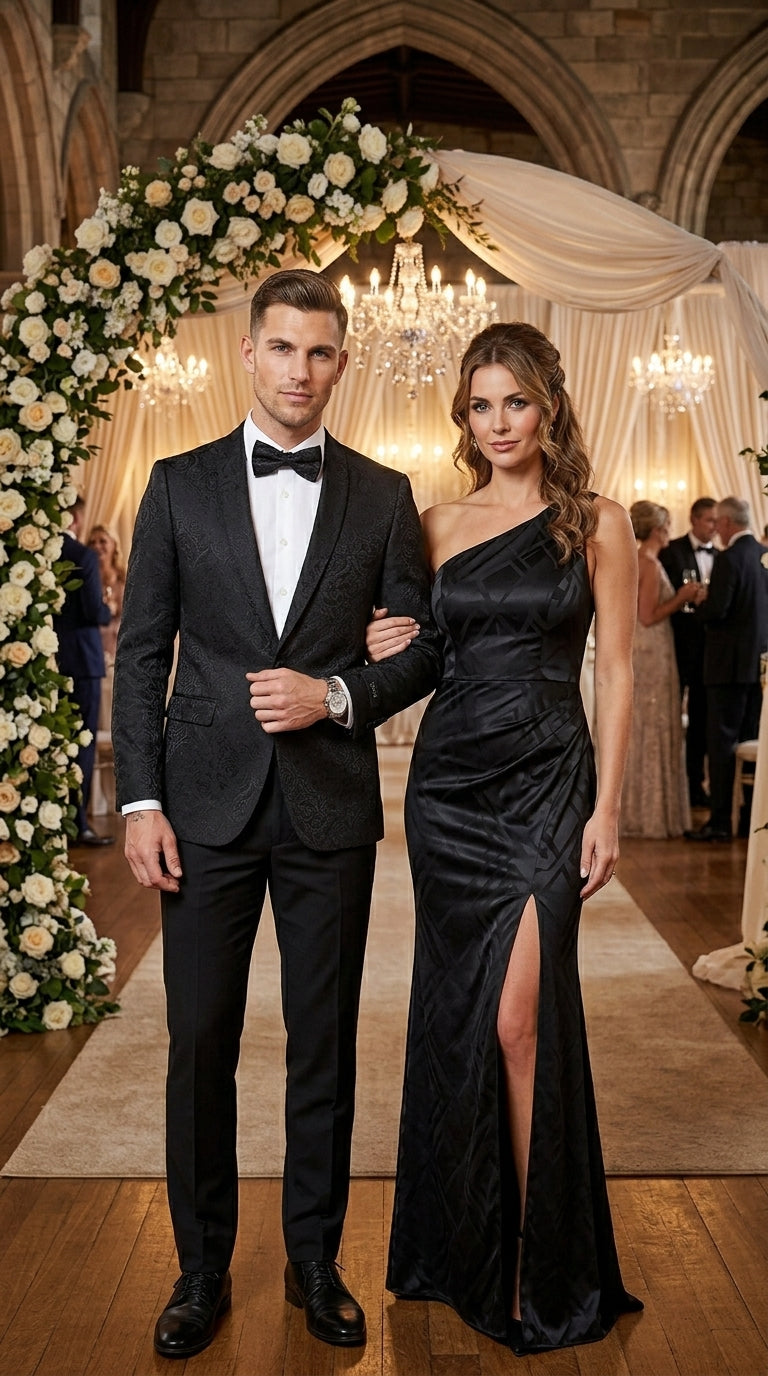 Men’s Black Floral Patterned Tuxedo Jacket, Formal Wedding Prom Dinner Blazer with Shawl Lapel