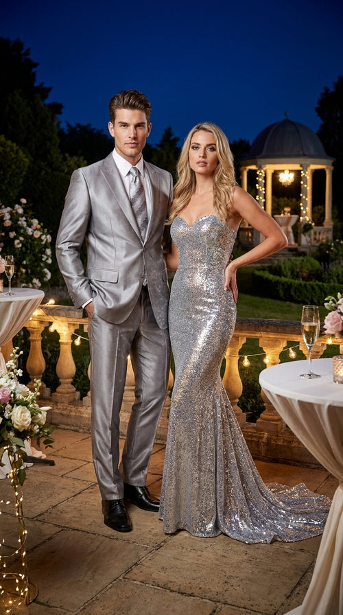 Men’s Silver Shiny Sharkskin 2 Button Suit, Peak Lapel Formal Wedding Prom Dress Suit Set