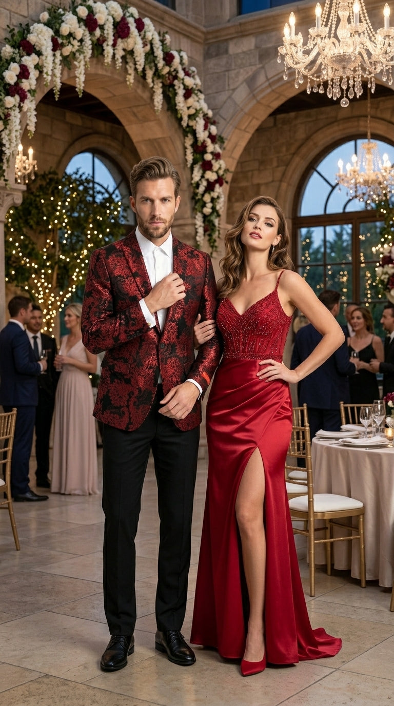 Men’s Red and Black Retro Paris Floral Suit, Designer Formal Wedding Prom Party Blazer Set