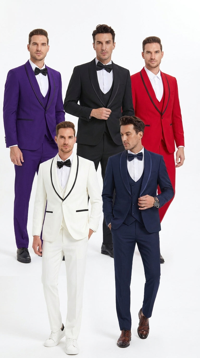 Men’s Trim Lapel Prom Tuxedo– 3 Piece Wedding Suit in Purple, Black, Red, Ivory, or Navy