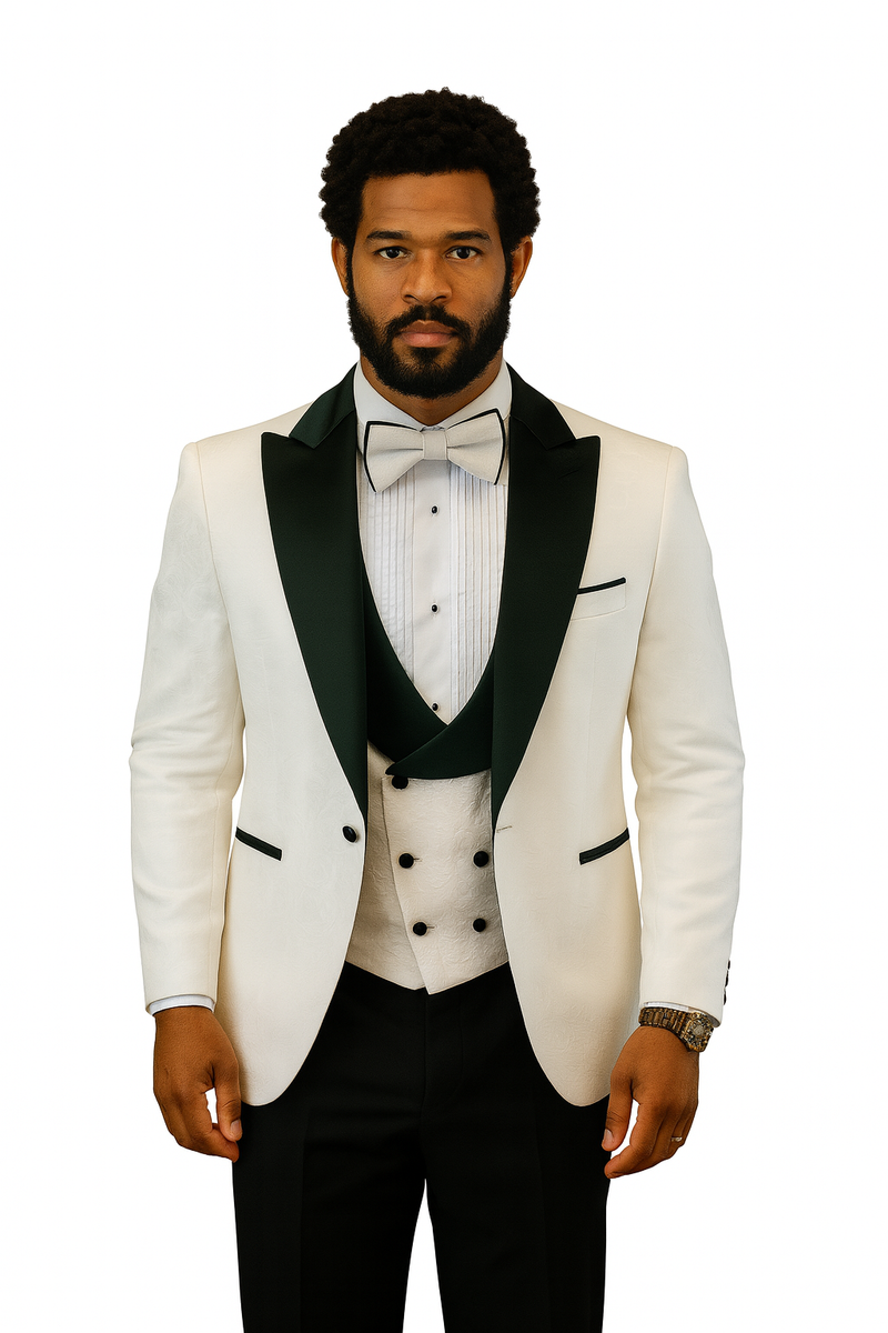 White peak lapel tuxedo jacket with black paisley, shawl vest, black wool pants. Includes bow tie. Structured fit, black accents, textured vest, tailored pants. Formal ensemble.
