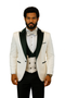 White peak lapel tuxedo jacket with black paisley, shawl vest, black wool pants. Includes bow tie. Structured fit, black accents, textured vest, tailored pants. Formal ensemble.
