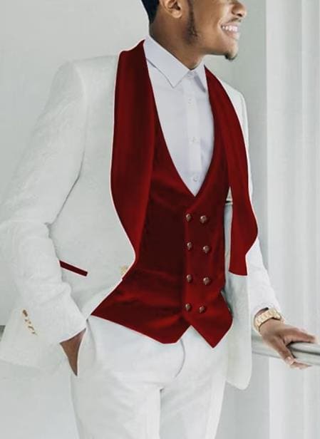 White and Red Tuxedo Wedding Tuxedo - Groom Suit - White And Burgundy Prom Suit