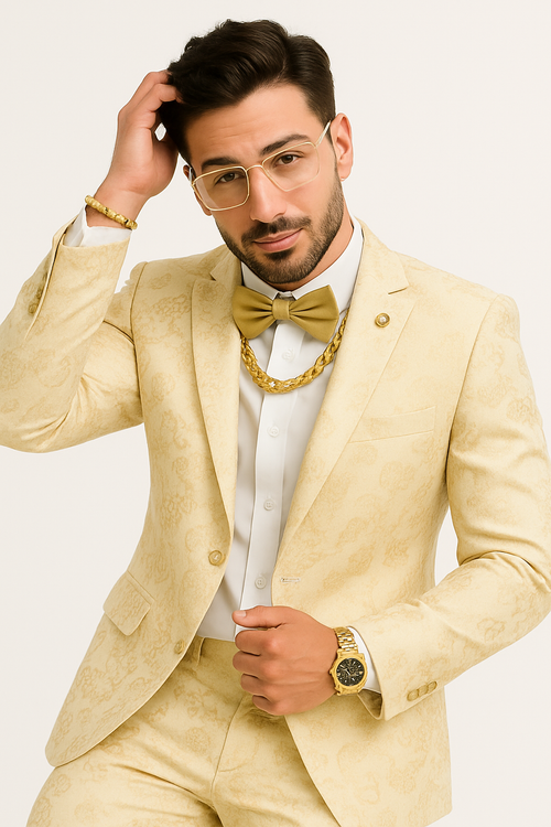 White and Gold Suit or Ivory - Gold  Tuxedo  Suit Matching Bowtie paisley pattern suit