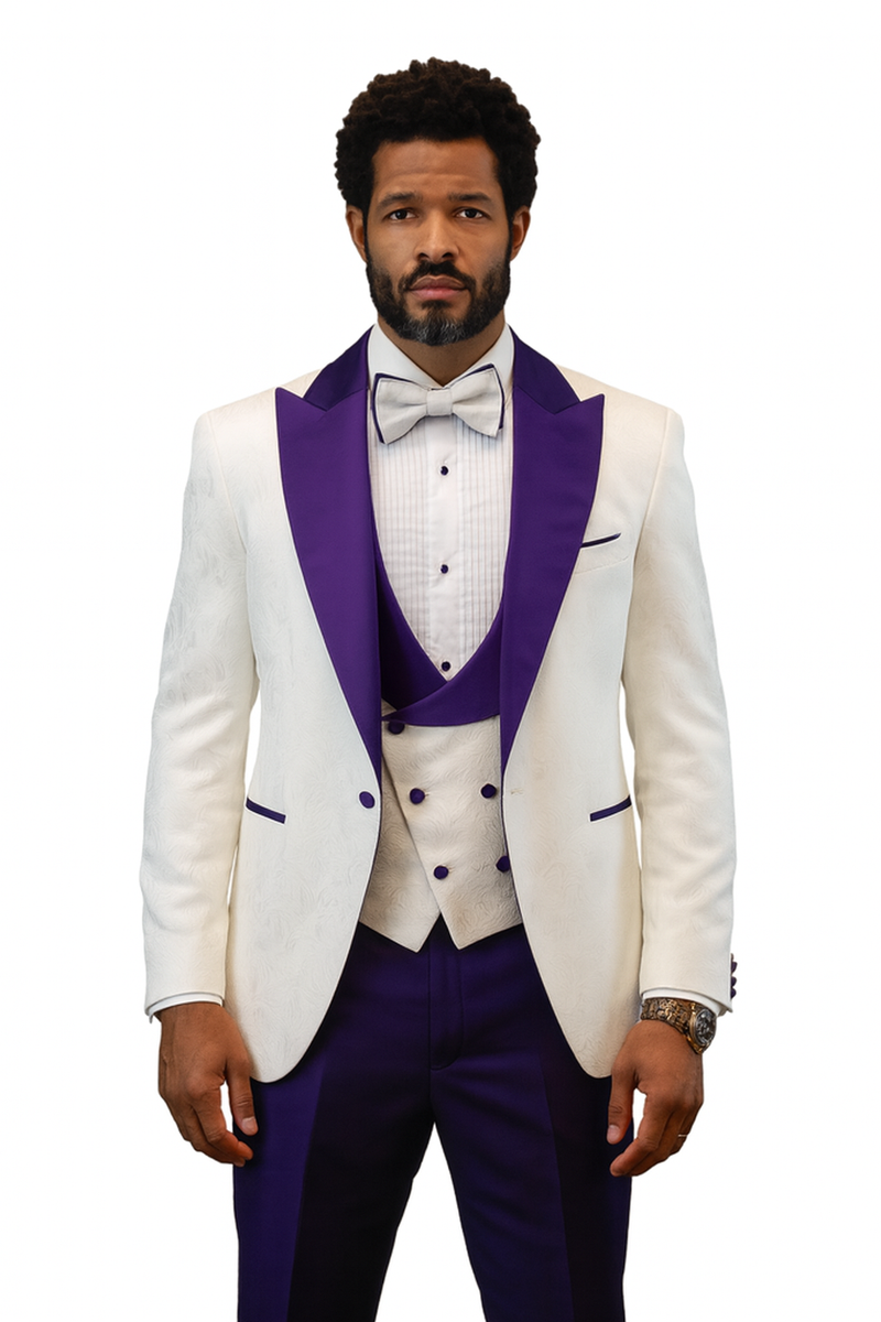 Hilton tuxedo: white textured paisley jacket with peak lapels. Purple shawl vest, bow tie, and matching wool pants complete the look.
