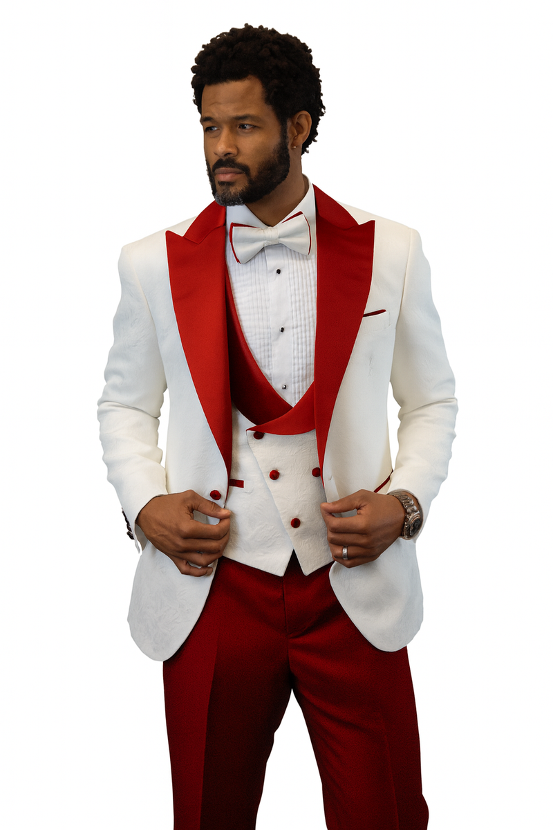 White tuxedo jacket with red paisley, peak lapel. Red shawl vest, solid red wool pants, and bow tie complete the ensemble.

