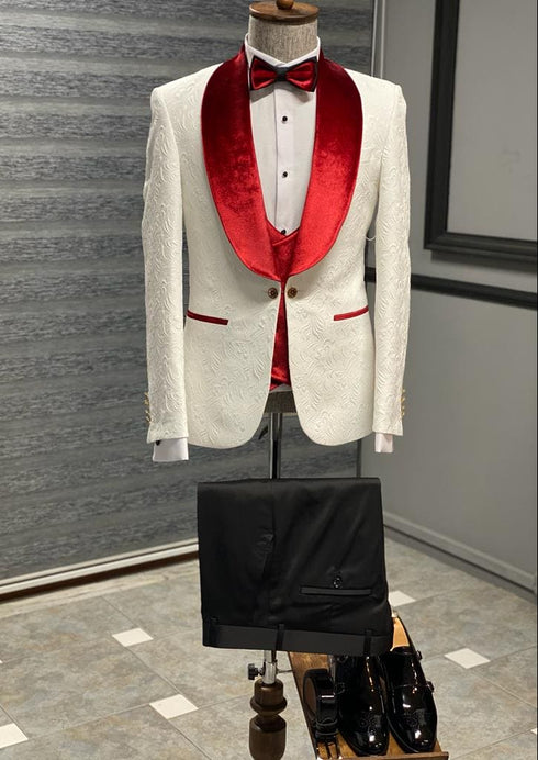 York Slim Fit Tuxedo Suit ( White & Red )