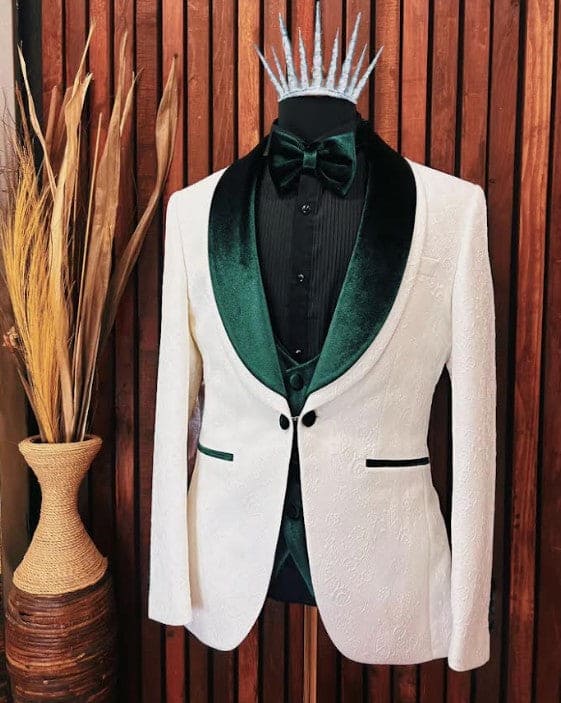 Mens white tuxedo with Green velvet lapel Slim fit 3 piece Tuxedo | Premium