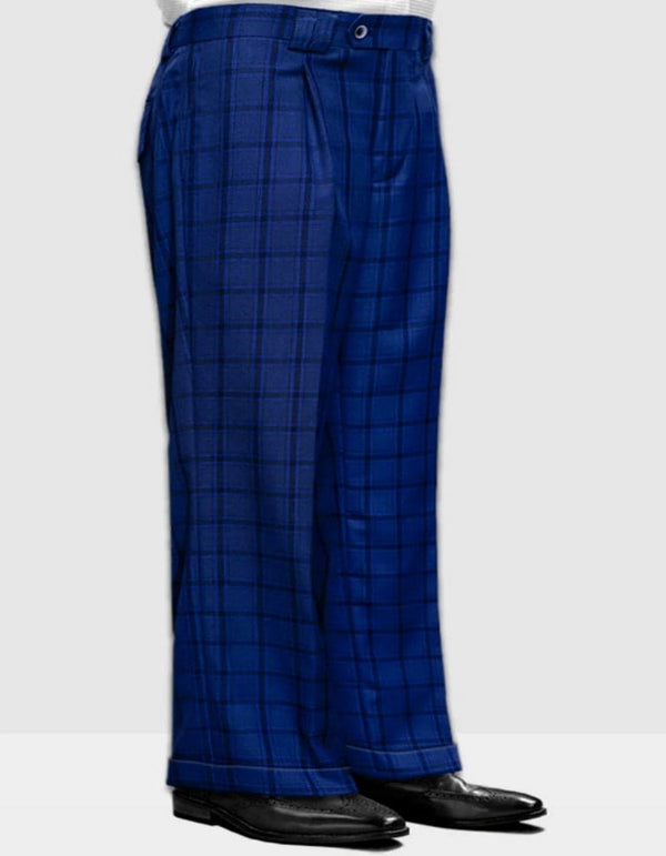 Mens Designer Wool Pleated Wide Leg Dress Pants in Sapphire Blue Plaid