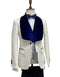 Mens Vested Designer Wide Royal Blue Velvet Shawl Tuxedo in Ivory Paisley