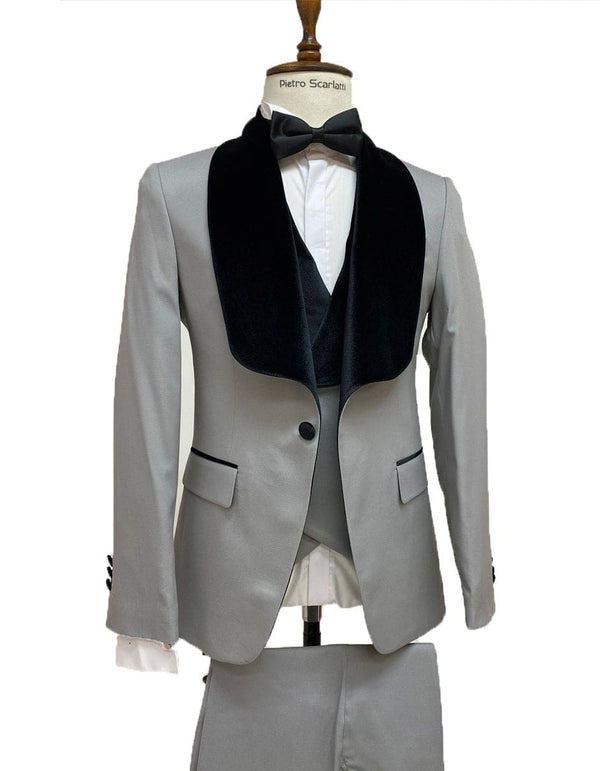 Grey Prom Suit - Gray Wedding Suit - Gray Tuxedo Mens Vested Designer Wide Shawl Tuxedo in Grey