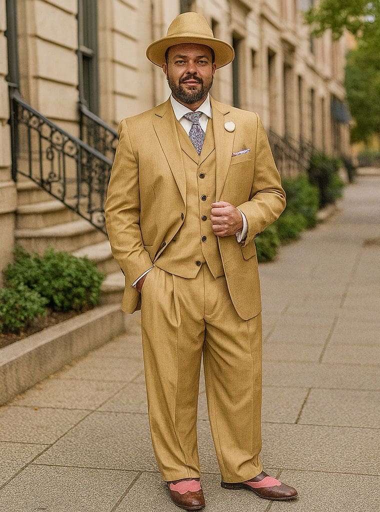 Light tan, wide-leg pants crafted from 100% wool. Relaxed fit with pleats detail the front. Classic suit-style design.