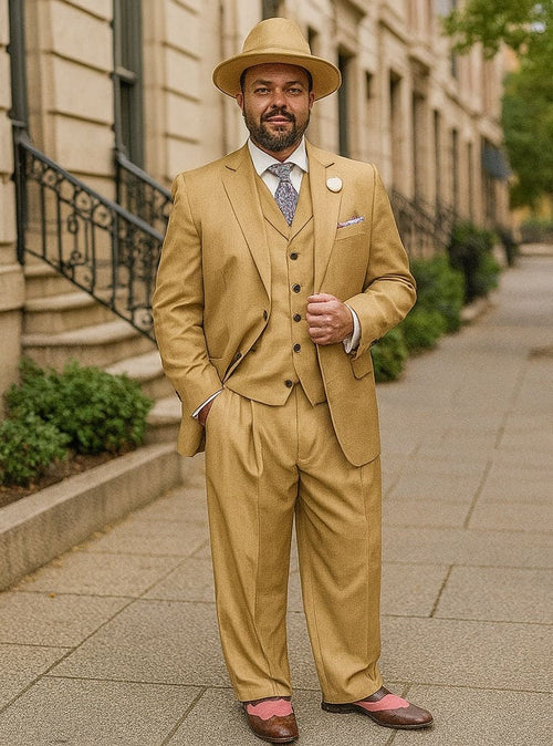 wide-leg tan suit with vest