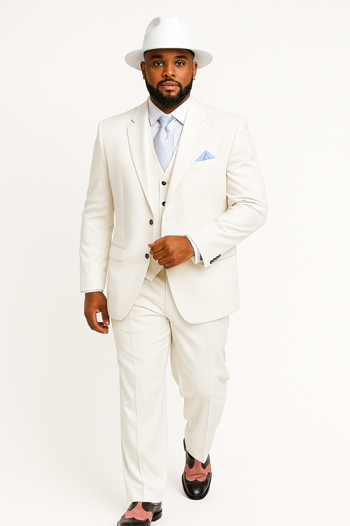 Wide Leg Pleated Pants Pants - 100% Wool Suit - Double Breasted Vest Peak Lapel - Classic Fit Suit - Vested Suit - White