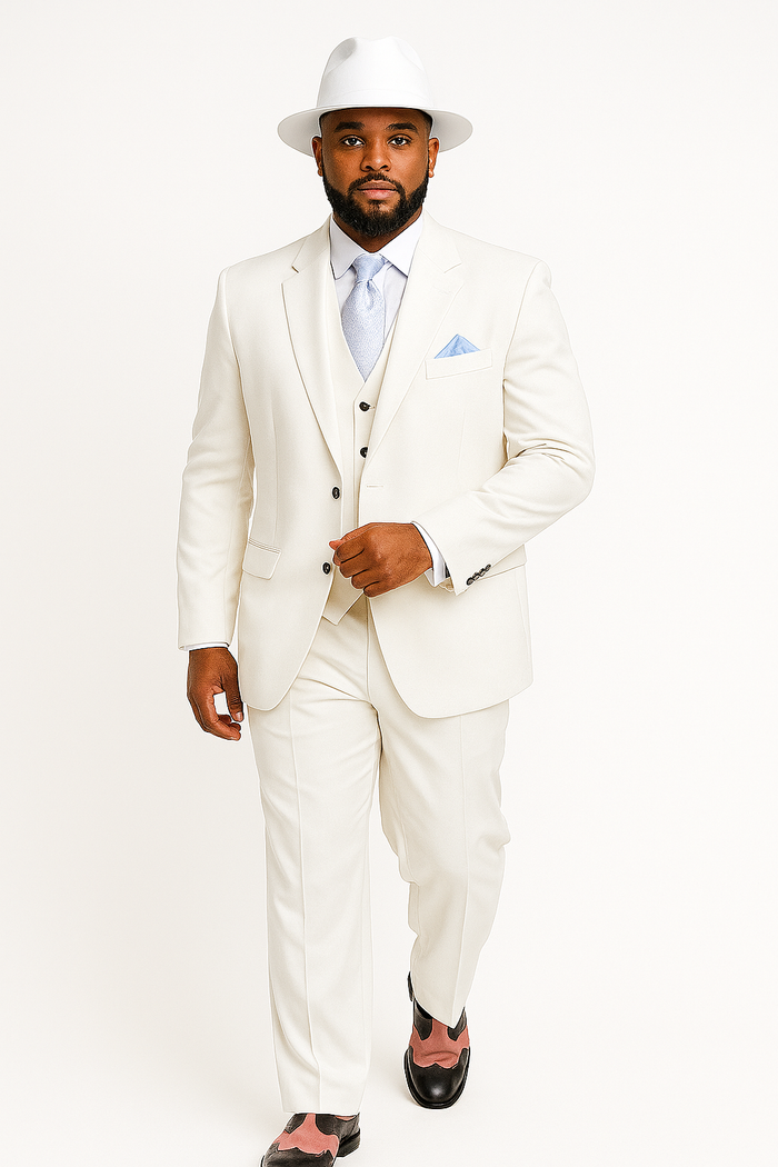 Wide Leg Pleated Pants Pants - 100% Wool Suit - Double Breasted Vest Peak Lapel - Classic Fit Suit - Vested Suit - White