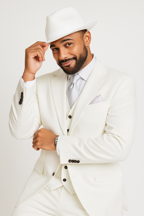 Wide Leg Pleated Pants Pants - 100% Wool Suit - Double Breasted Vest Peak Lapel - Classic Fit Suit - Vested Suit - White