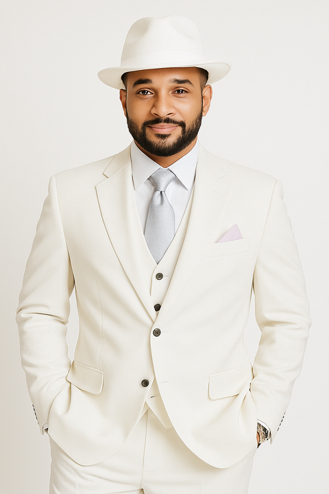 Wide Leg Pleated Pants Pants - 100% Wool Suit - Double Breasted Vest Peak Lapel - Classic Fit Suit - Vested Suit - White