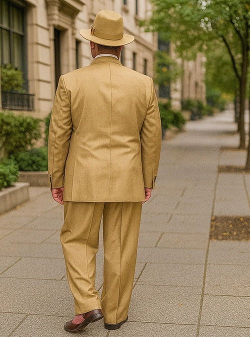 Tan, 100% wool wide-leg pants. High-waisted with structured pleats, loose fit that tapers at the ankle. Clean seam finish.