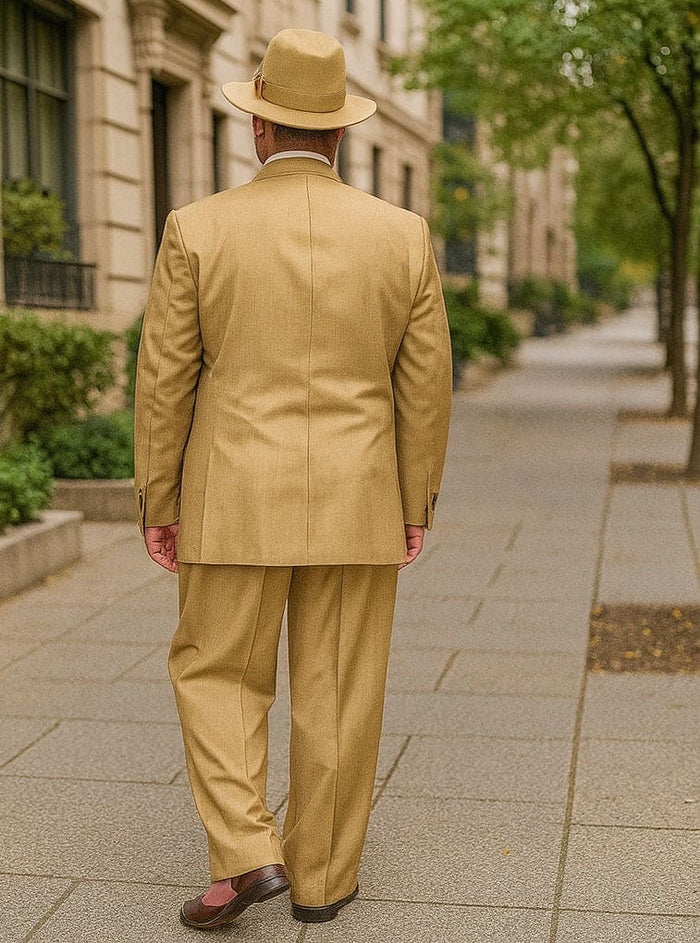 Tan, 100% wool wide-leg pants. High-waisted with structured pleats, loose fit that tapers at the ankle. Clean seam finish.