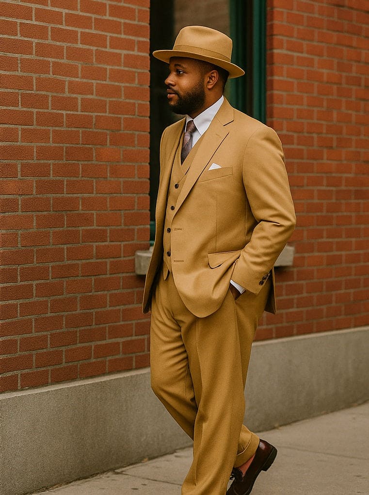 Light brown, wide-leg pleated pants. Crafted from 100% wool, featuring a tailored waistband and loose, flowing silhouette. Smooth, structured fabric with prominent front pleats.