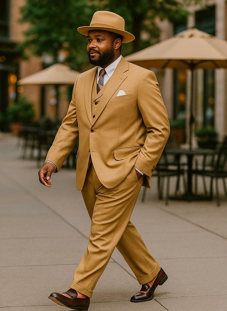 100% wool wide-leg pants in light tan. Loose silhouette with front pleats, slightly tapered ankles.