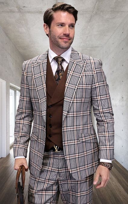 Tan Plaid Suit - Camel Khaki Color Windowpane Pattern Suit - Wool Suit - Double Breasted Vest Peak Lapel Side Vented Modern Fit