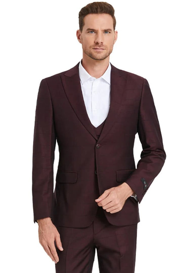 Plaid Suit - Windowpane Suit - Checkered Suit - Mens Vested Wine Suit