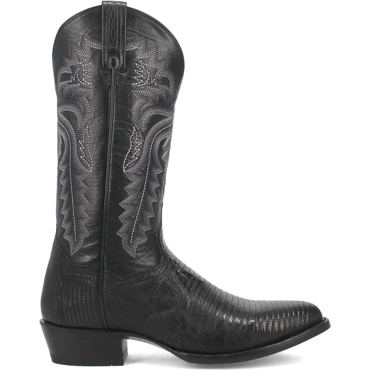 Dan Post Winston black lizard cowboy boots. Men's 13" tall with round toe. Textured black exotic lizard leather. Intricate stitching on shaft & slightly raised heel. Distinct design.