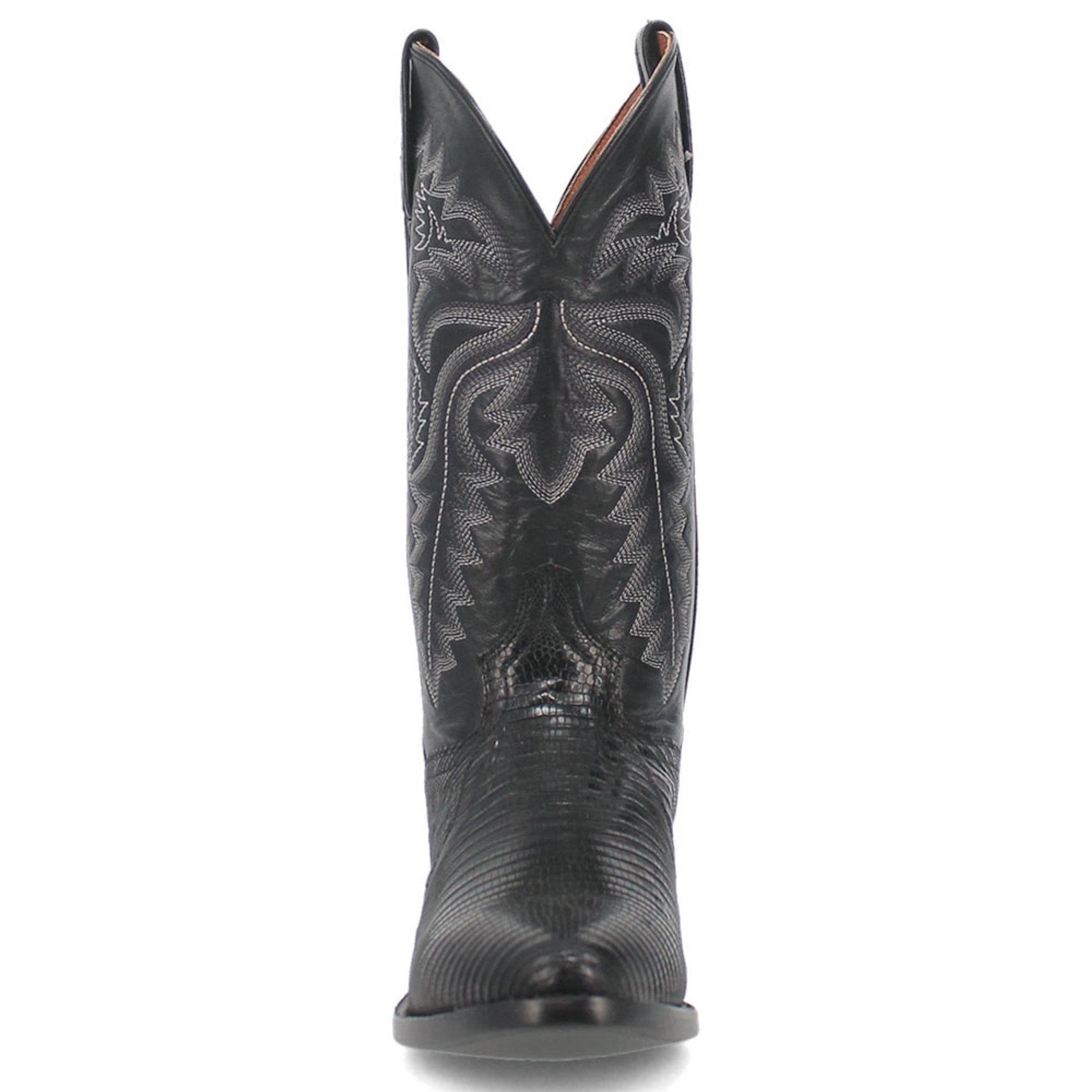 Dan Post Winston men's cowboy boot. Black exotic lizard leather, round toe, tall shaft with detailed stitching. Pointed, scalloped upper. Smooth sole. Classic cowboy style.
