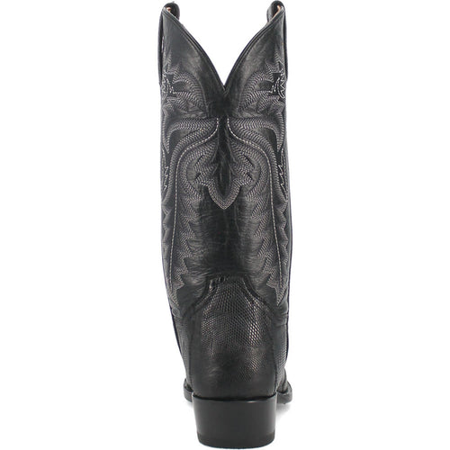 Dan Post Winston men's cowboy boots. Black exotic lizard leather, 13" shaft, round toe. Contrasting stitching. Textured, primarily black boot. Rounded, low heel.