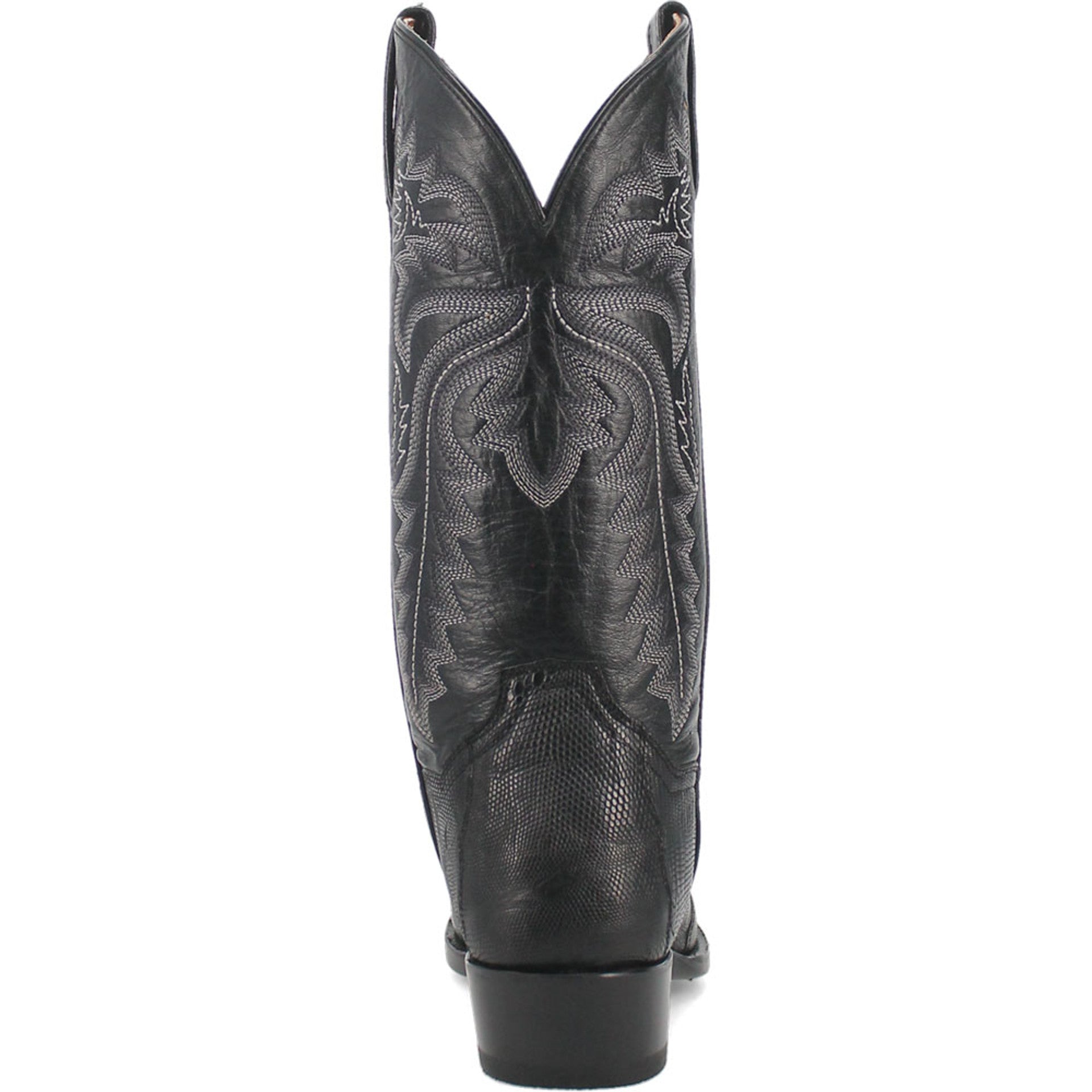 Dan Post Winston men's cowboy boots. Black exotic lizard leather, 13" shaft, round toe. Contrasting stitching. Textured, primarily black boot. Rounded, low heel.