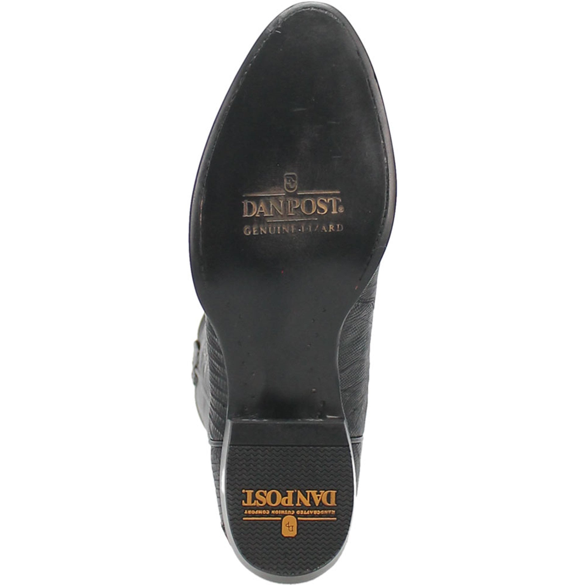 Dan Post Winston black cowboy boots. Men's exotic lizard leather with round toe. Black upper with textured lizard pattern. Flat, branded sole, elevated heel, and stitched detailing for durability.
