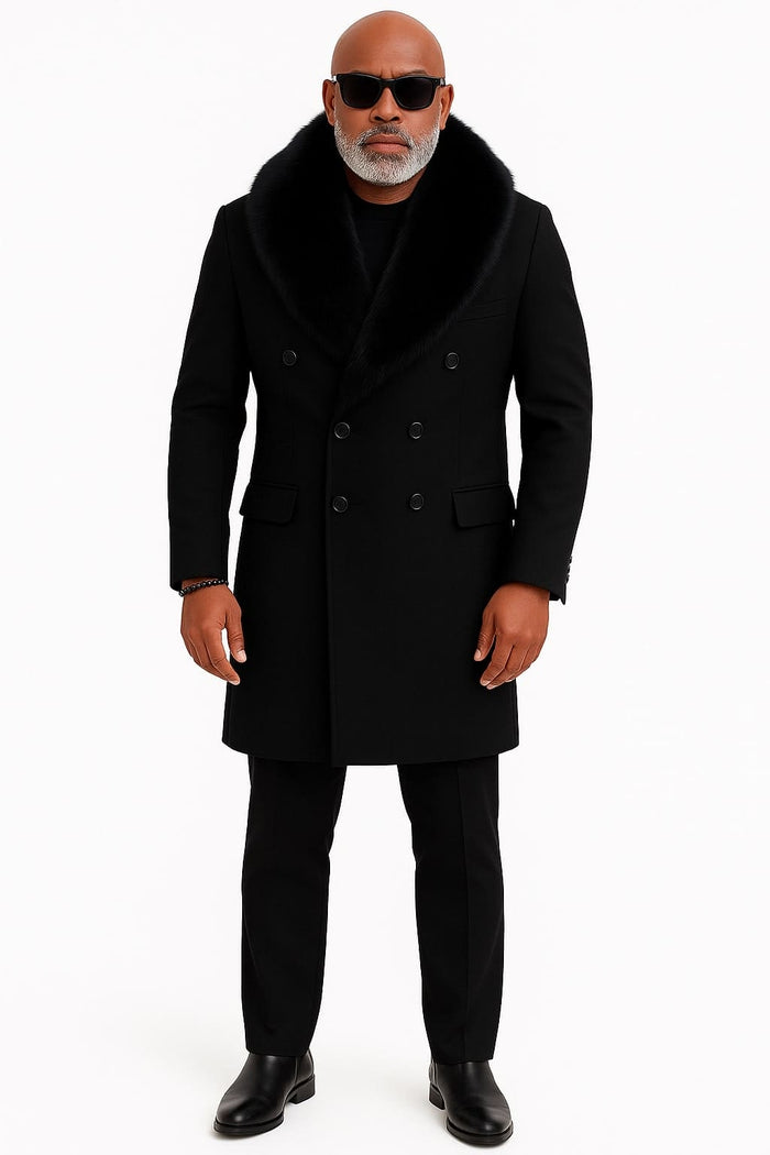Mens Black Double-Breasted Overcoat with Oversized Faux Fur Collar â€“ Winter Luxury Coat