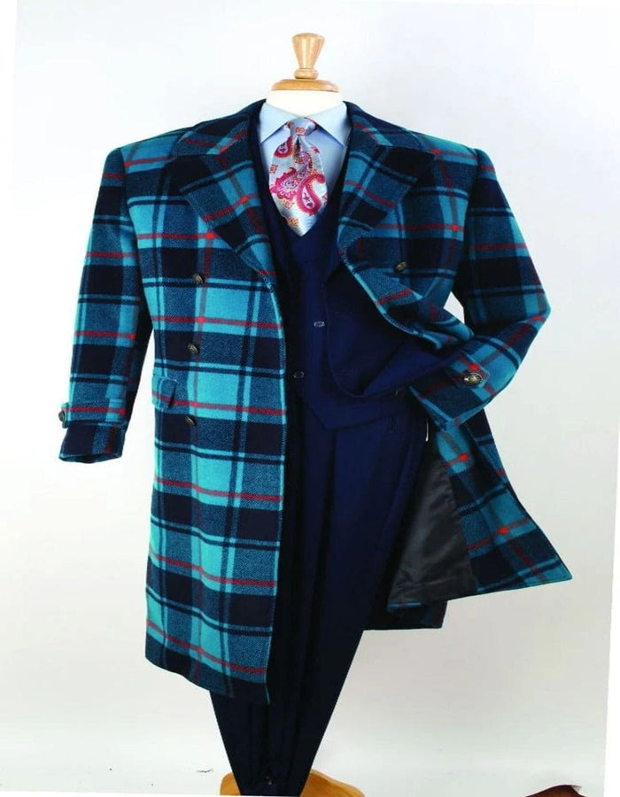 Men's Blue Plaid Wool Overcoat â€“ Double-Breasted Long Winter Coat with Wide Lapel - Full Length