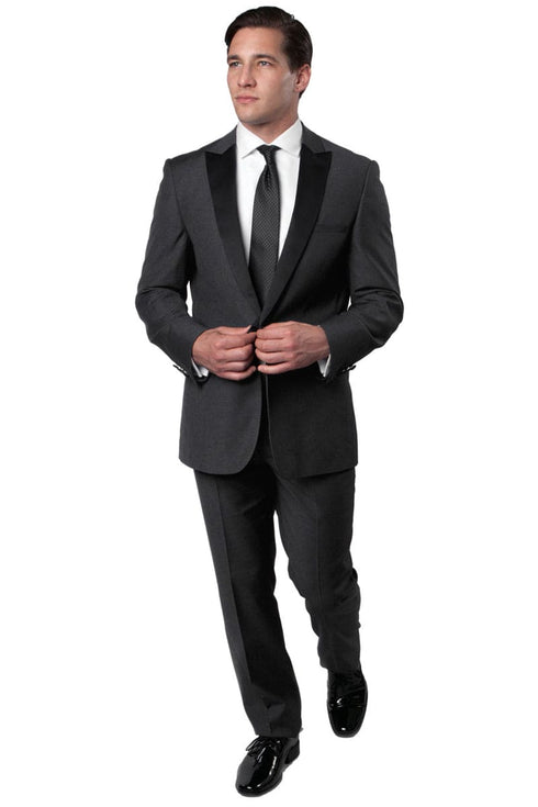 "Charcoal Grey Men's Slim Fit Wedding Tuxedo with One Button Peak Lapel"