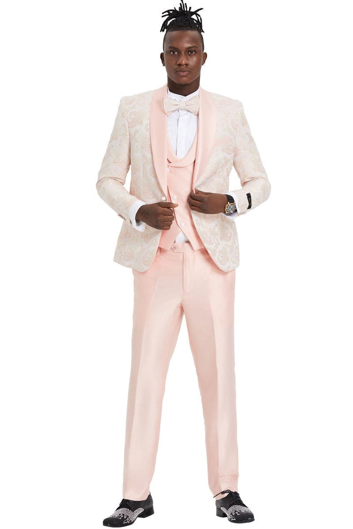 "Men's Pink Paisley Prom 2026 Tuxedo - One Button Vested Shawl Lapel"