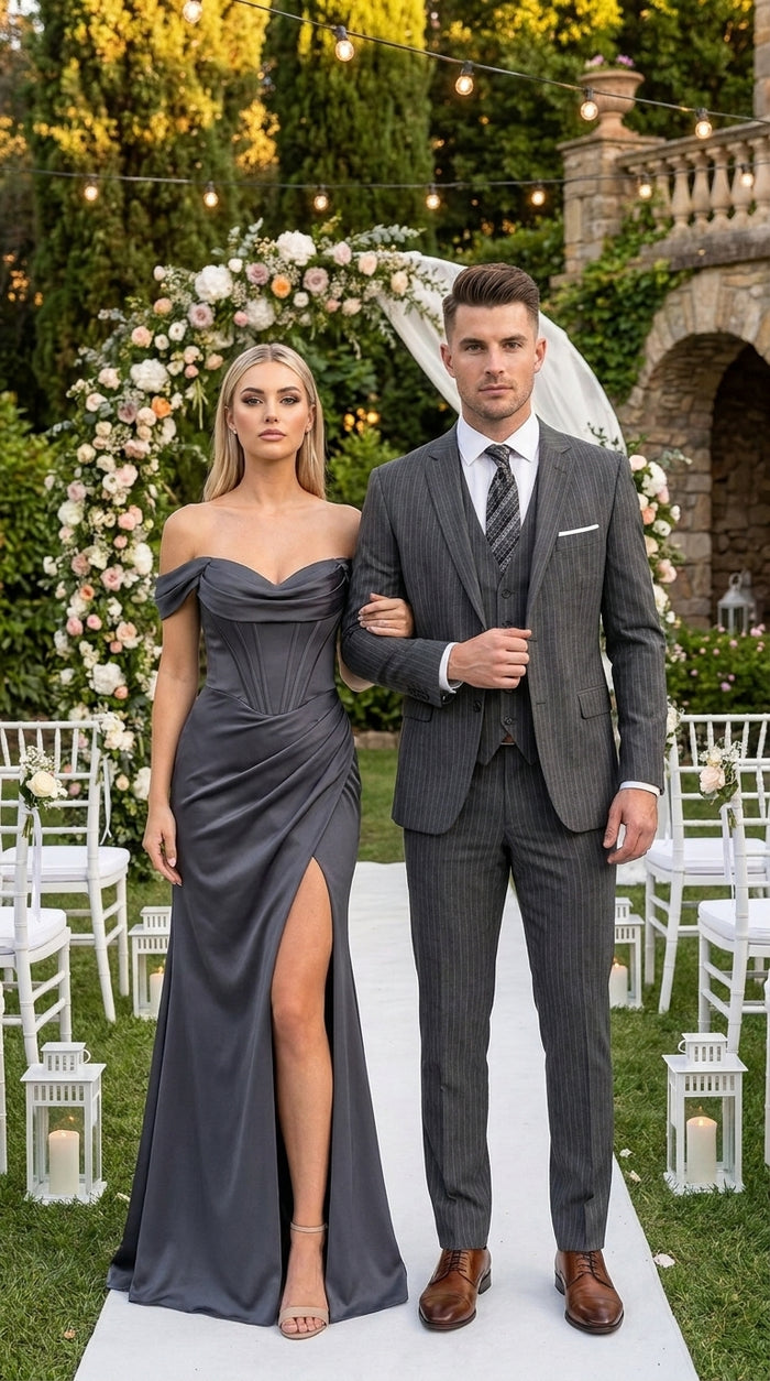 Men’s Charcoal Grey Pinstripe 2 Button Vested Suit, Modern Fit Wool Blend Formal Dress Suit
