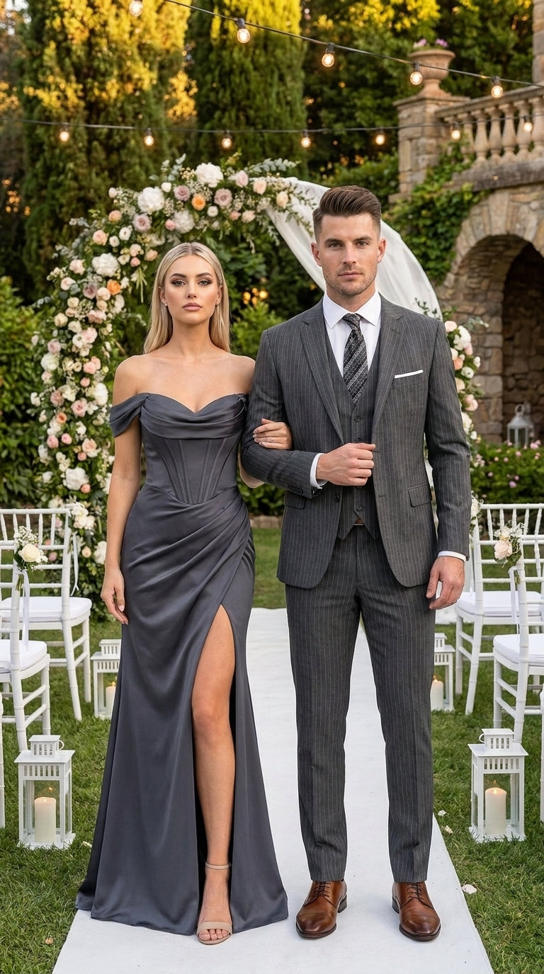 Men’s Charcoal Grey Pinstripe 2 Button Vested Suit, Modern Fit Wool Blend Formal Dress Suit