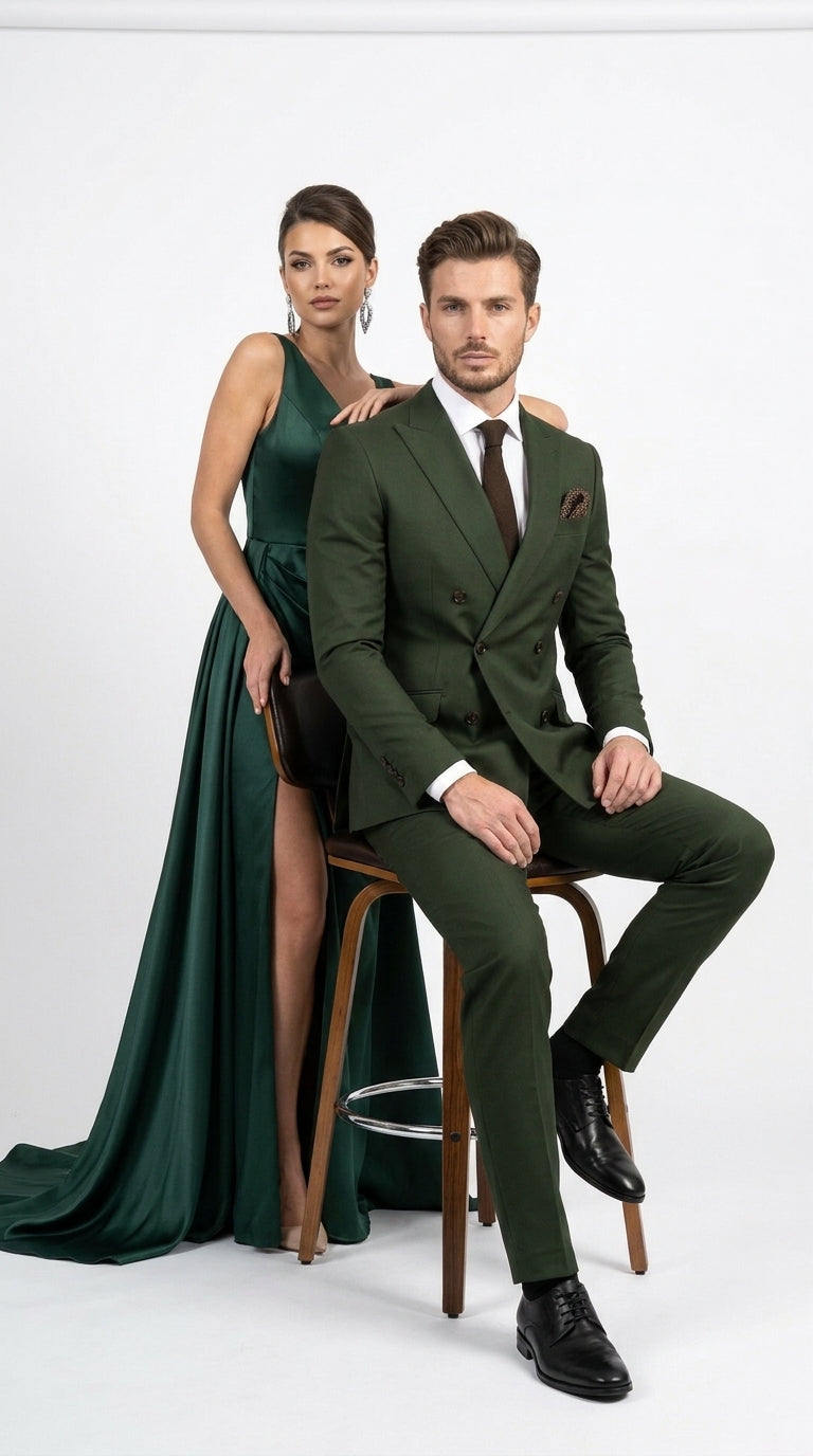 Men’s Dark Green Double Breasted Suit, Tapered Fit Formal Wedding Business Dress Suit